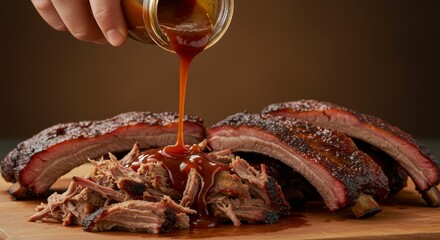 Delicious smoked ribs and pulled pork getting a drizzle of flavorful BBQ sauce