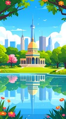 Park reflecting city, dome building, trees, flowers, calm lake