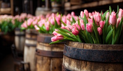 Beautiful pink tulips displayed in rustic wooden barrels at a flower market.