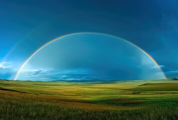 Obraz premium Vivid rainbow arches over a vast, verdant field, meeting a bright blue sky with soft clouds, creating a serene, idyllic landscape scene