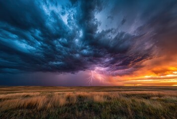 Dramatic landscape featuring a striking lightning bolt under a stormy, colorful sky over a field of dry grass
