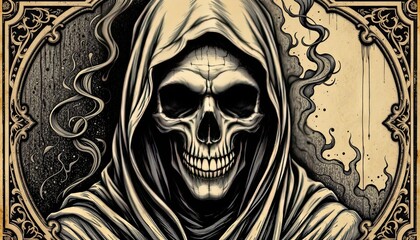Halloween monochromatic hooded skull art spooky atmosphere digital illustration dark theme close-up view eerie concept