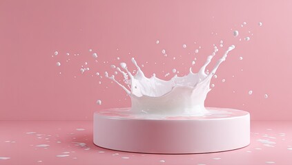 Elegant white liquid splash on pink podium with scattered droplets.