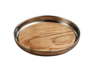 Round wooden tray with a metal rim.  A light brown wood grain tray, circular, with a polished metallic edge