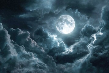 Ethereal full moon shines brightly amidst swirling, dramatic dark clouds creating a celestial nocturnal scene with depth and texture