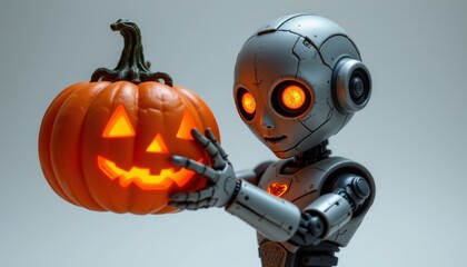 Fototapeta premium Futuristic robot celebrates halloween with pumpkin studio setup digital art whimsical environment close-up view fun concept