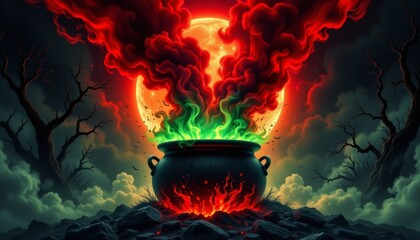 Halloween cauldron conjuring green mist enchanted forest digital art spooky atmosphere wide angle mystical imagery