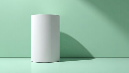 Minimalist white cylinder object on mint green background with soft shadow.