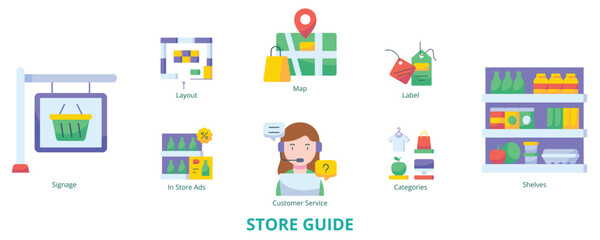 Store Guide Flat Banner Web Icon Set Vector Illustration, Map Layout Categories Shelves Signage Customer Service Label In Store Ads