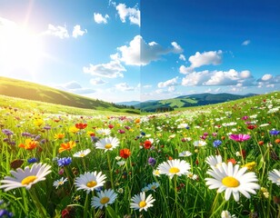 Vibrant meadow with sun-drenched, blooming wildflowers under a sky with fluffy clouds, showcasing a beautiful pastoral landscape