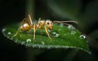Intricate macro view of a tiny golden ant meticulously exploring a dew-kissed vibrant green leaf, showcasing delicate details and natural beauty.