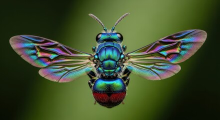Jewel wasp's iridescent wings and metallic exoskeleton shimmer against a soft green backdrop