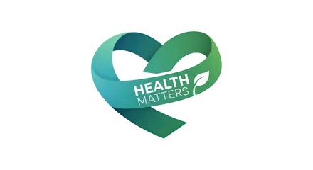 Health Matters Heart-Shaped Ribbon with Leaf and Text on White Background