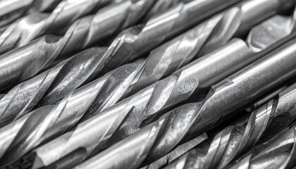 Monochrome Close up of Silver Metal Drill Bits Texture Detailed Surface Machining Tools