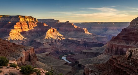 Grand Canyon's Majestic Cliffs and Colorado River at Sunset, Arizona, USA
