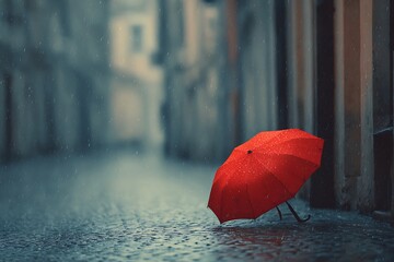 A single red umbrella in the middle of a rainy street symbolizes hope and strength.