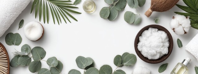 Fototapeta premium White background flat lay featuring spa elements like towels, oils, cotton balls, coconut, and eucalyptus leaves creating a serene composition