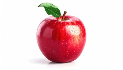 Glossy red apple with a green leaf and short stem stands isolated against a stark white backdrop, emphasizing its natural beauty