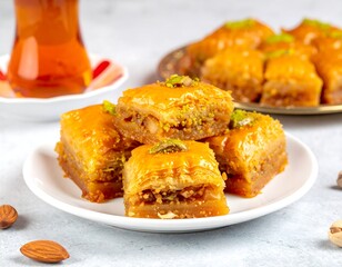 Stacked baklava squares, golden syrup, pistachios, almonds, on a plate, with tea in background