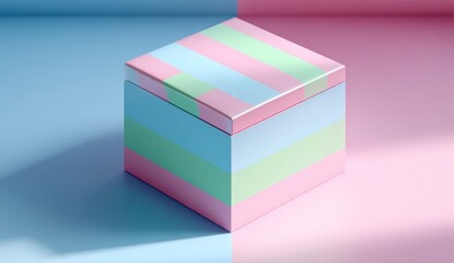 A pastel-hued, striped cube box, set against a two-toned backdrop, exudes a charming and delicate aesthetic.