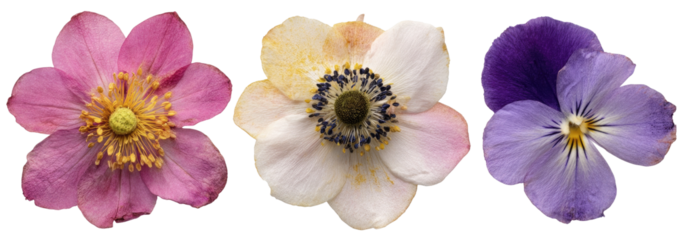 Three colorful flowers arranged horizontally.  Anemone, anemone, pansy.  Pink, light pink/white, and violet/purple blossoms in full bloom.  Distinct flower shapes and vibrant hues