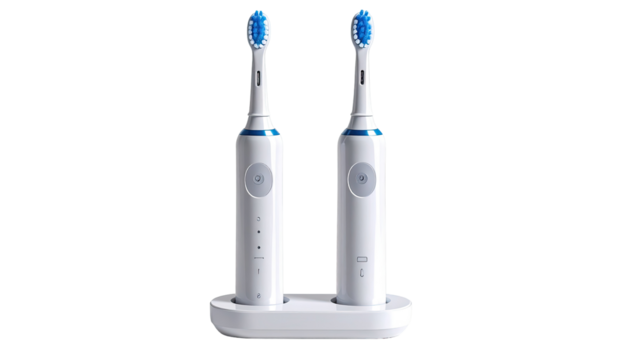 Two electric toothbrushes on a charging base