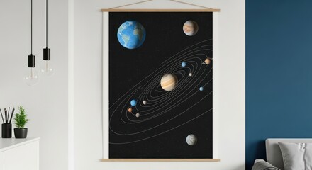 Solar System Planet Art Hanging on Wall in Modern Interior Setting