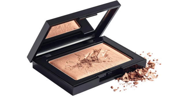 Open compact eyeshadow case, light peachy gold color, loose powder spilling