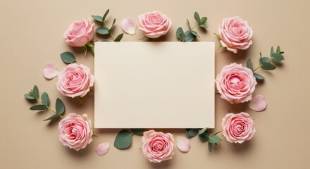 Delicate floral arrangement with pink roses and eucalyptus, featuring a blank card