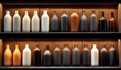 Two rows of various-colored bottles on a wooden shelf