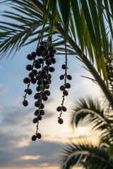 Clusters of ripe acai berries hanging from a tropical palm tree.  Suitable for marketing or business purposes