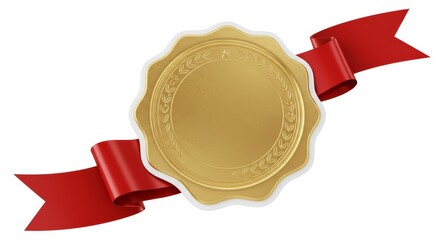 Isolated shiny golden seal with ribbon, round badge and empty metal emblem