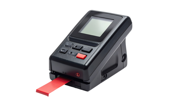 Close-up of a black handheld scanning device with a red strip