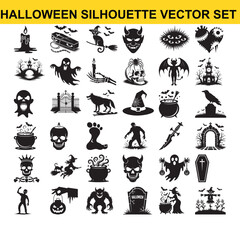 Spooky Halloween Silhouette Vector Icons:  Gothic, Monochrome, Creepy,  Festive Clipart Set for Design.