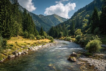 Obraz premium A serene river flows through a forested valley towards distant mountains under a partially cloudy blue sky, evoking peace and natural beauty