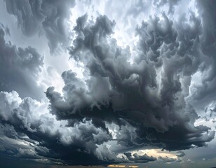 Dramatic, dark mammatus clouds filling the sky, hinting at an approaching storm. A sliver of bright light illuminates the horizon