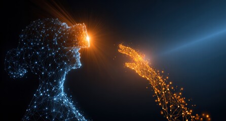Woman in VR headset reaching for glowing hand, both composed of digital particles, against dark background with light flares