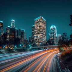 Obraz premium City skyline at night with illuminated skyscrapers and vibrant light trails from busy highway traffic