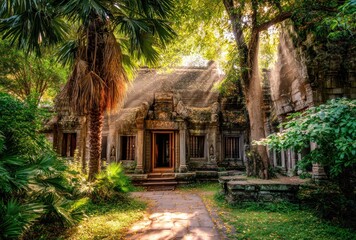 Ancient stone temple nestled in lush jungle, sunbeams piercing through trees, creating a serene and mystical ambiance in a forgotten place