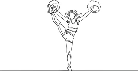 Cheerleader line art, dancing girl outline, female athlete sketch, sport performance drawing, pom pom vector, fitness illustration, team spirit symbol