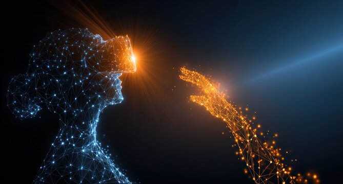Woman in VR headset reaching for glowing hand, both composed of digital particles, against dark background with light flares