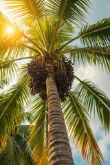 Clusters of ripe acai berries hanging from a tropical palm tree.  Suitable for marketing or business purposes