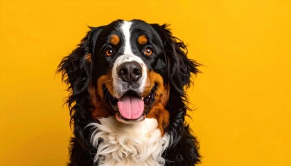 Portrait of a Bernese Mountain Dog with a yellow backdrop, the dog looking directly forward with a happy expression and open mouth