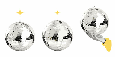 Three sparkling disco balls with yellow starbursts and one held by a yellow glove