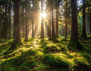 Sunlight streams through a dense forest, illuminating moss-covered ground and towering trees. A serene and peaceful natural scene