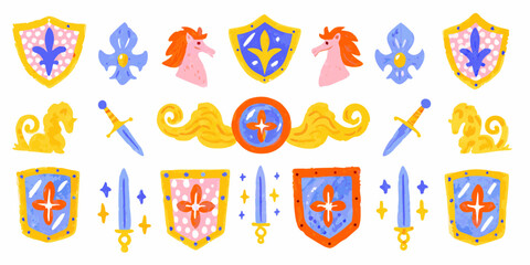 Collection of whimsical medieval heraldic symbols including shields swords horses and fleur de lis in bright colors © Satyajit