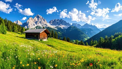 Scenic mountain vista with a wooden cabin amidst wildflowers, under a blue sky with fluffy clouds on a clear, sunny day
