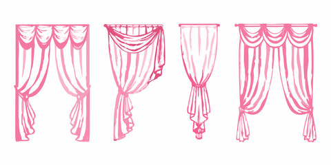 Collection of four hand drawn pink fabric drapes and curtains with different styles and folds