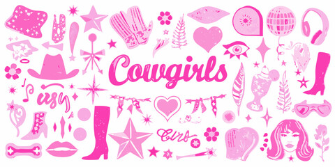 Collection of pink cowgirl themed illustrations with text and various western symbols