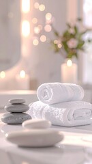 Blurred vertical bathroom scene with stacked rocks and soft towels, warm candle light, flowers, and marble in bokeh background